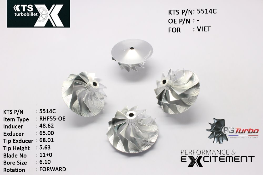 Turbo ROUE FORGÉE MFS PERFORMANCE - 11+0 PALES - INDUCER : 48,62 - EXDUCER : 65 - TYPE : RHF55-OEANGLE : 45° - ROTATION : Forward - SUPER BACK : 4,53 - BORE SIZE : 6,1
